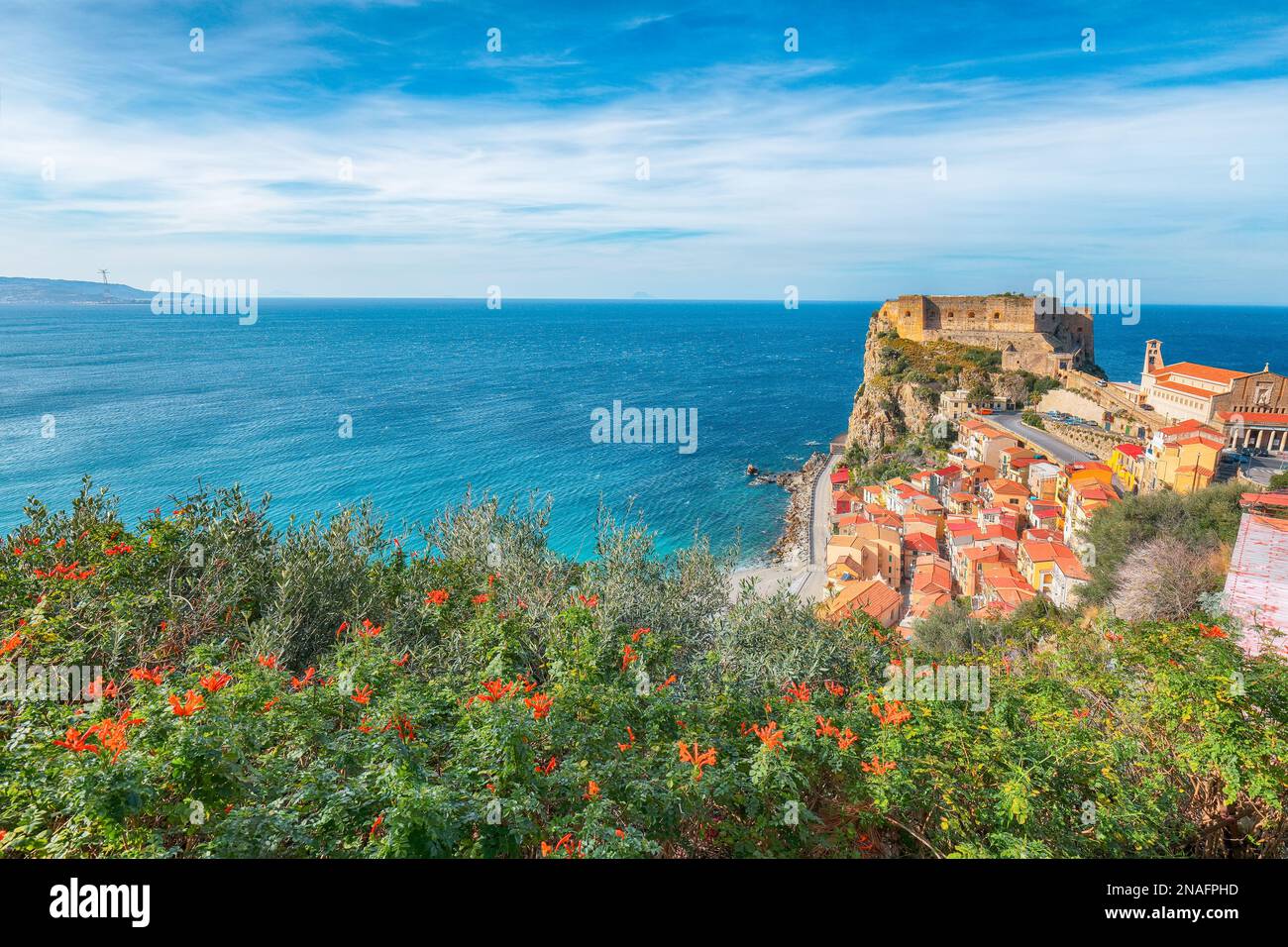 Awesome seaside and village Scilla with old medieval castle on rock ...