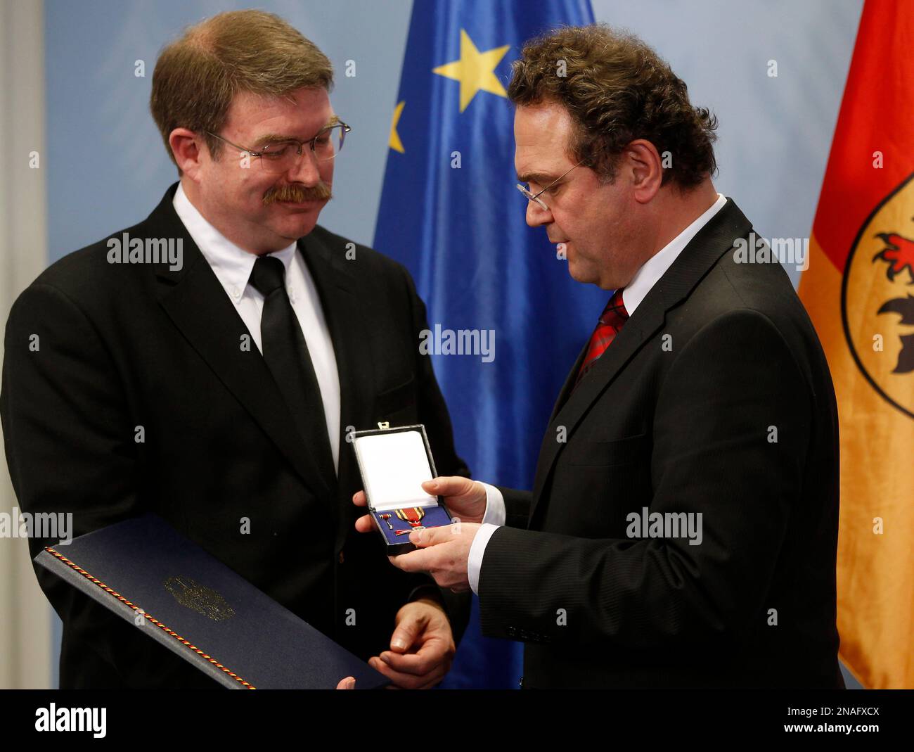 Frankfurt airport employee Lamar Joseph Connor, left, from Altha