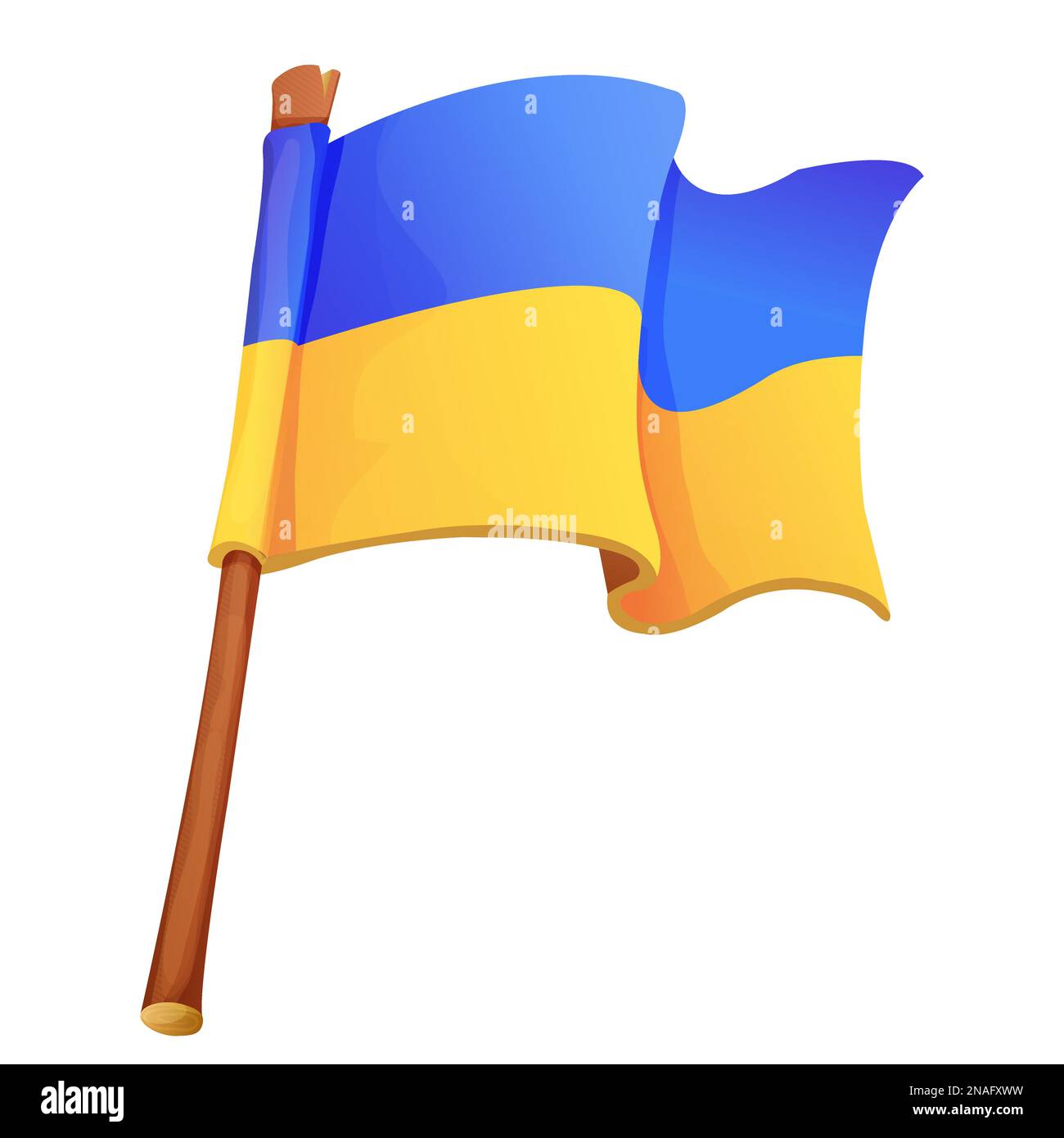 Ukrainian flag, national symbol on wooden stick in cartoon style