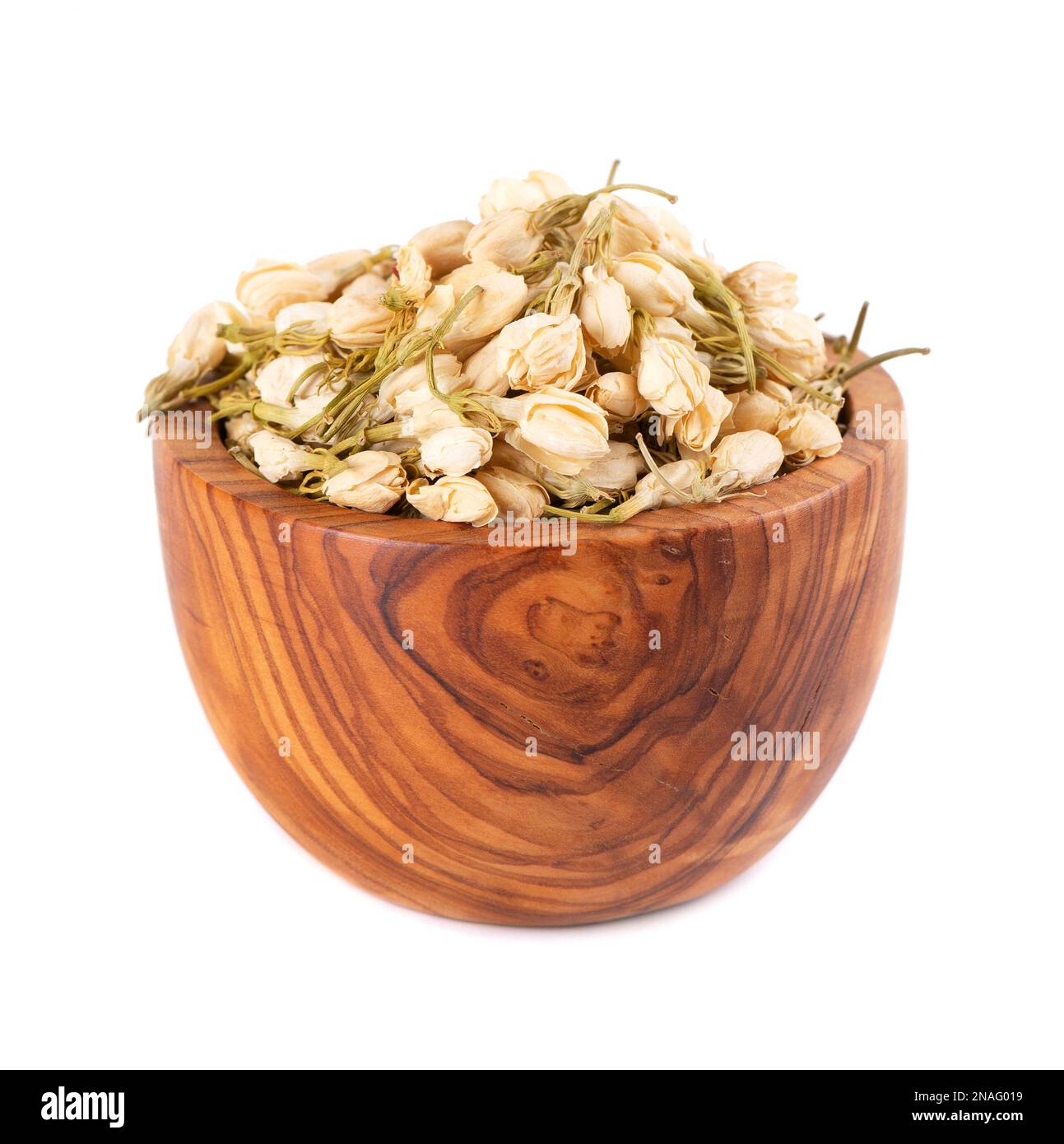 Dry jasmine flowers in wooden bowl, isolated on white background