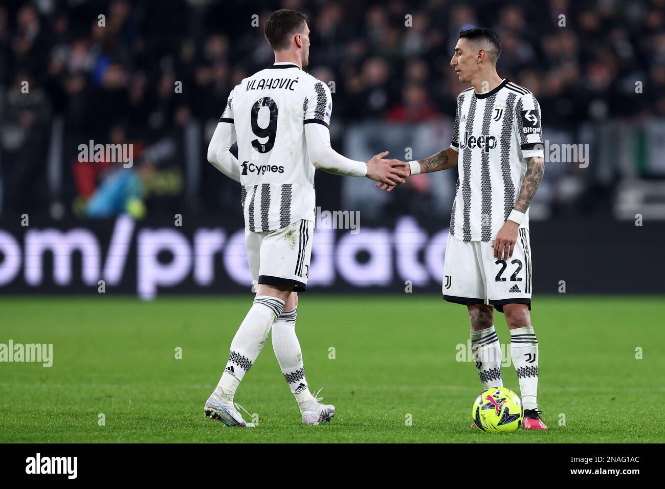 Torino, Italy. 12th Feb, 2023. Dusan Vlahovic of Juventus Fc (L) shakes hands with Angel Di Maria of Juventus Fc (R) during the Serie A football match beetween Juventus Fc and Acf Fiorentina at Allianz Stadium on February 12, 2023 in Turin, Italy . Credit: Marco Canoniero/Alamy Live News Stock Photo