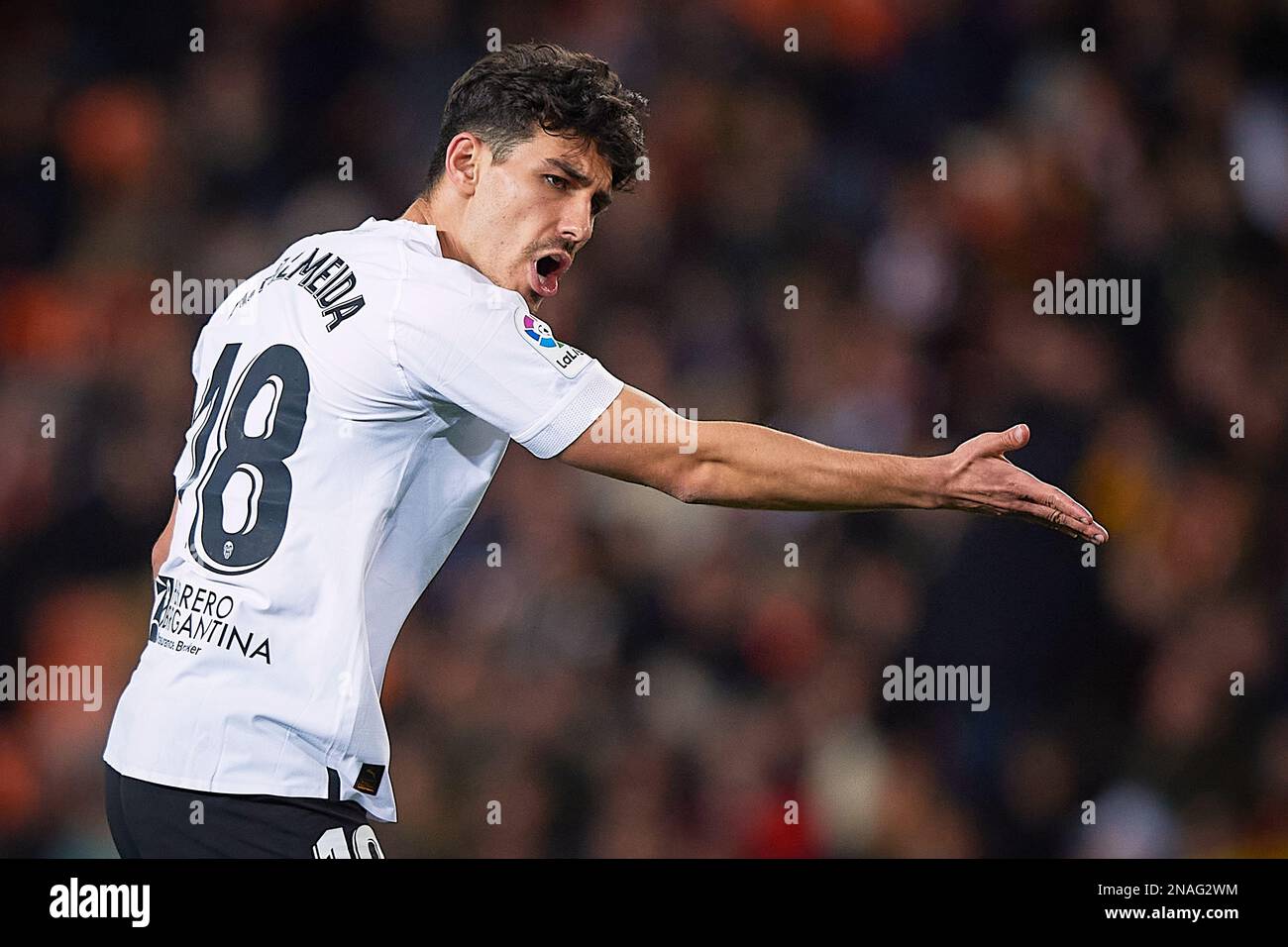 Andre Almeida of Valencia during the La Liga match between Valencia and Athletic Club played at Mestalla Stadium on February 11 in Valencia, Spain. (Photo by PRESSIN) Stock Photo