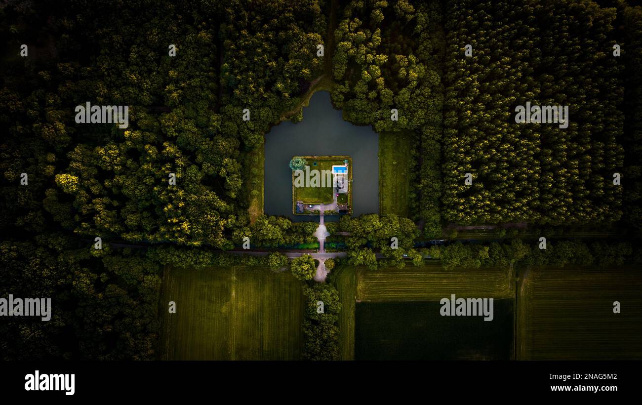 An aerial view of forest surrounded by dense trees Stock Photo - Alamy