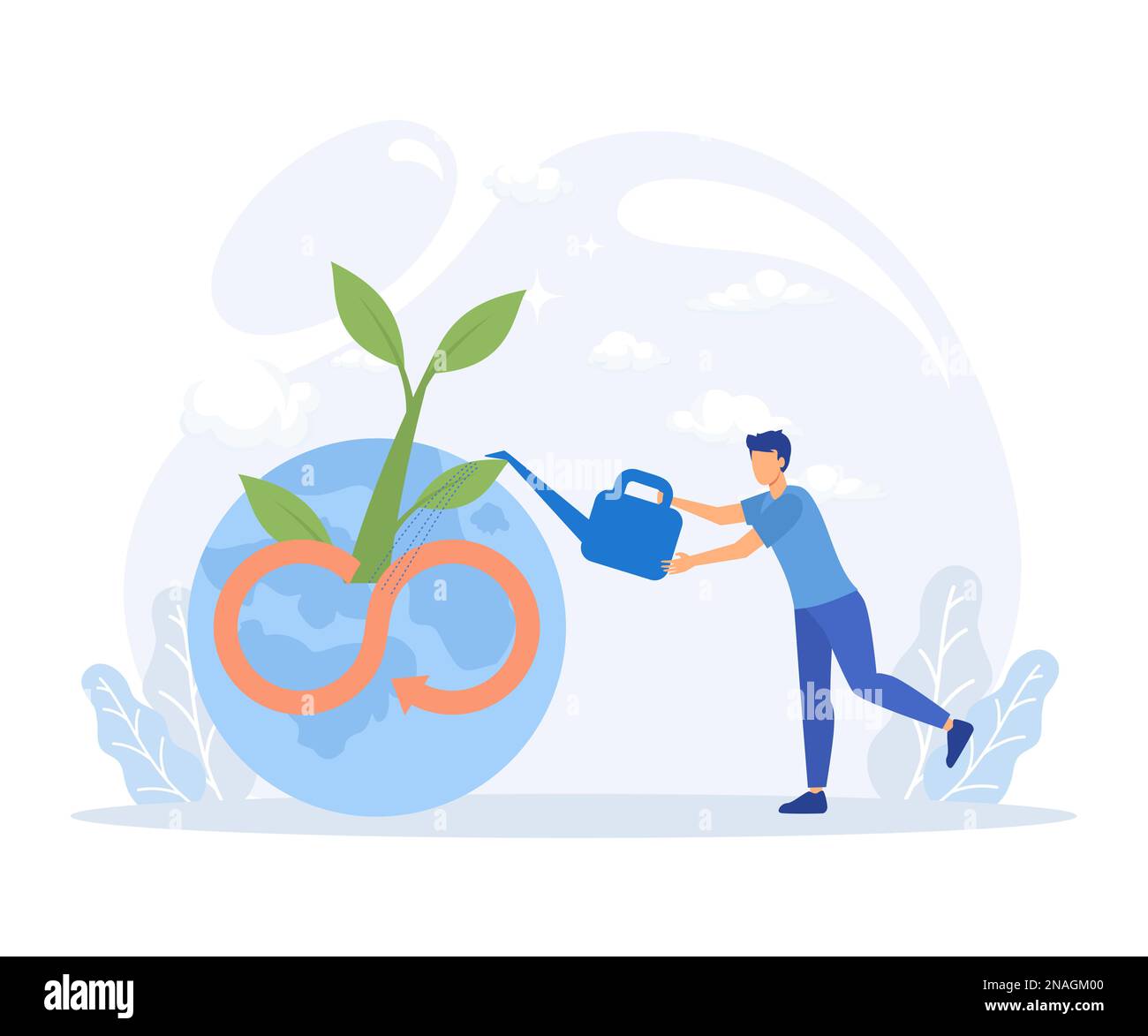 Circular economy illustration. Sustainable economic growth, recourses reuse and reduce co2 emission and climate impact. ESG, green energy and industry Stock Vector