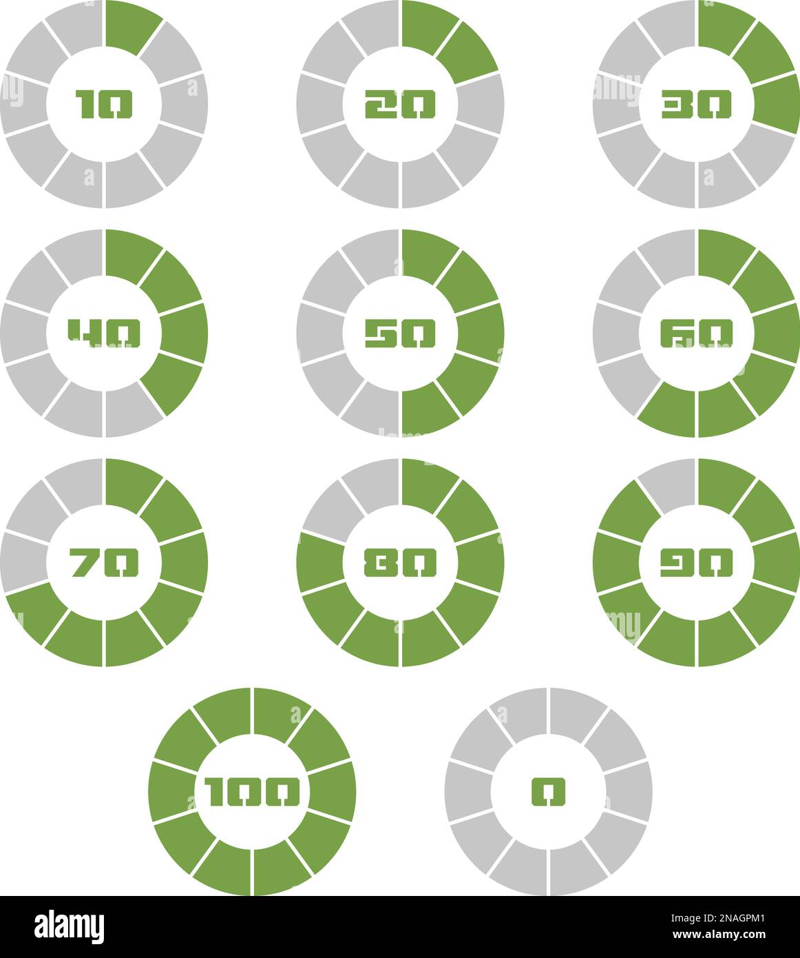 Colorful pie charts. Set of green percentage diagrams. Modern infographic elements Stock Vector