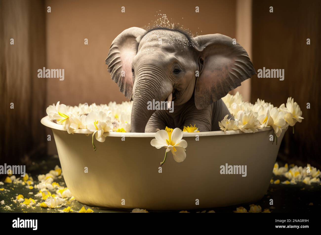 Cute baby elephant sitting in a bathtub with yellow flowers. Generative AI Stock Photo Alamy