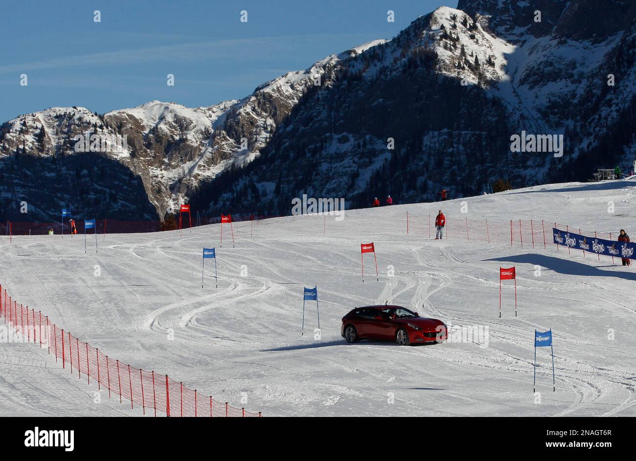A Ferrari FF is seen running down a slope in Madonna di Campiglio ...