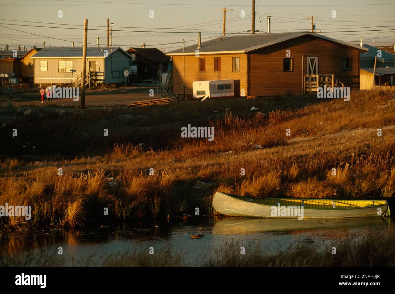 Canoe moored along the shore near a Dene village, near Yellowknife, NWT, Canada; Northwest Territories, Canada Stock Photo