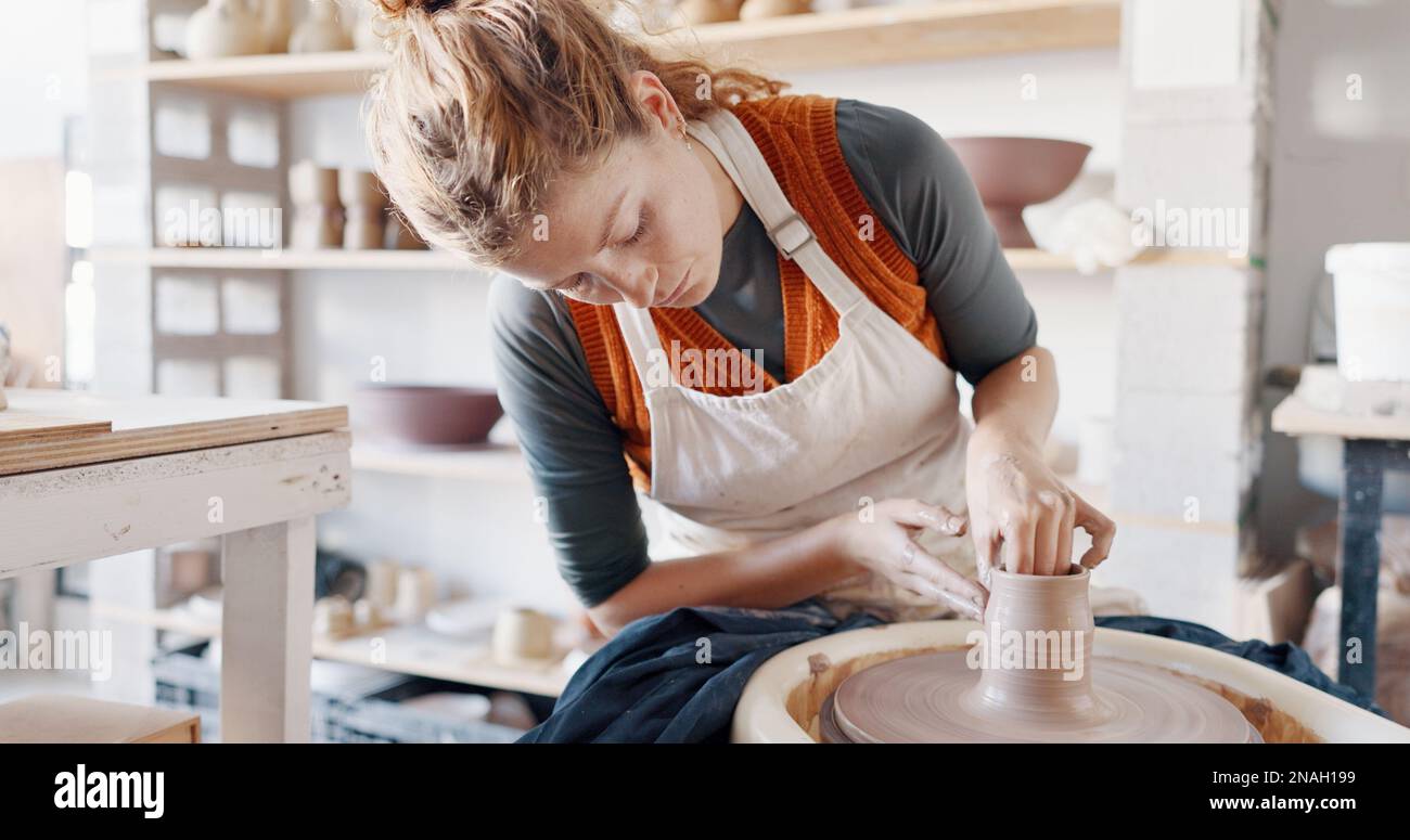 Pottery, woman creative and mold clay art piece for class, hobby or