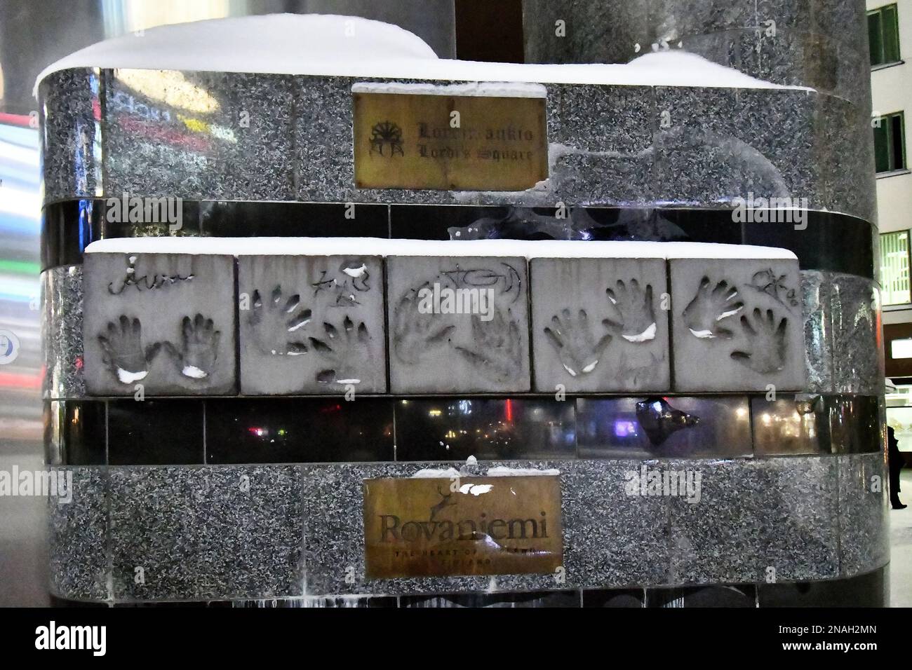 Lordi's Square in central Rovaniemi, Finland, January 30, 2023. Square monument with palm prints from the members of Lordi, the winners of 2006 Eurovi Stock Photo