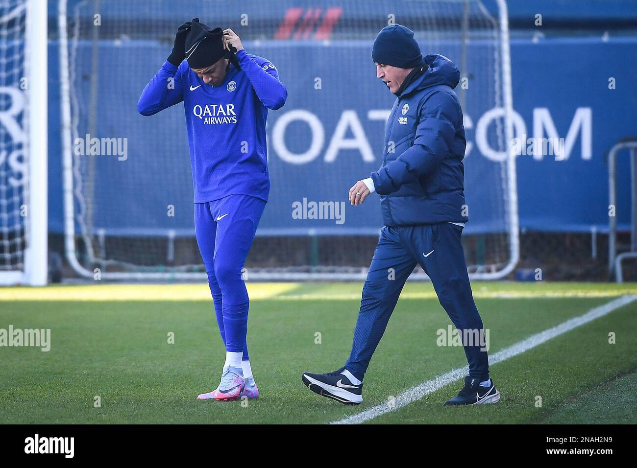 February 13 2023 Rome France Kylian MBAPPE of PSG and Christophe GALTIER of PSG during the training of the Paris Saint Germain team on February 13 2023 at Camp des Loges in Saint Germain en Laye