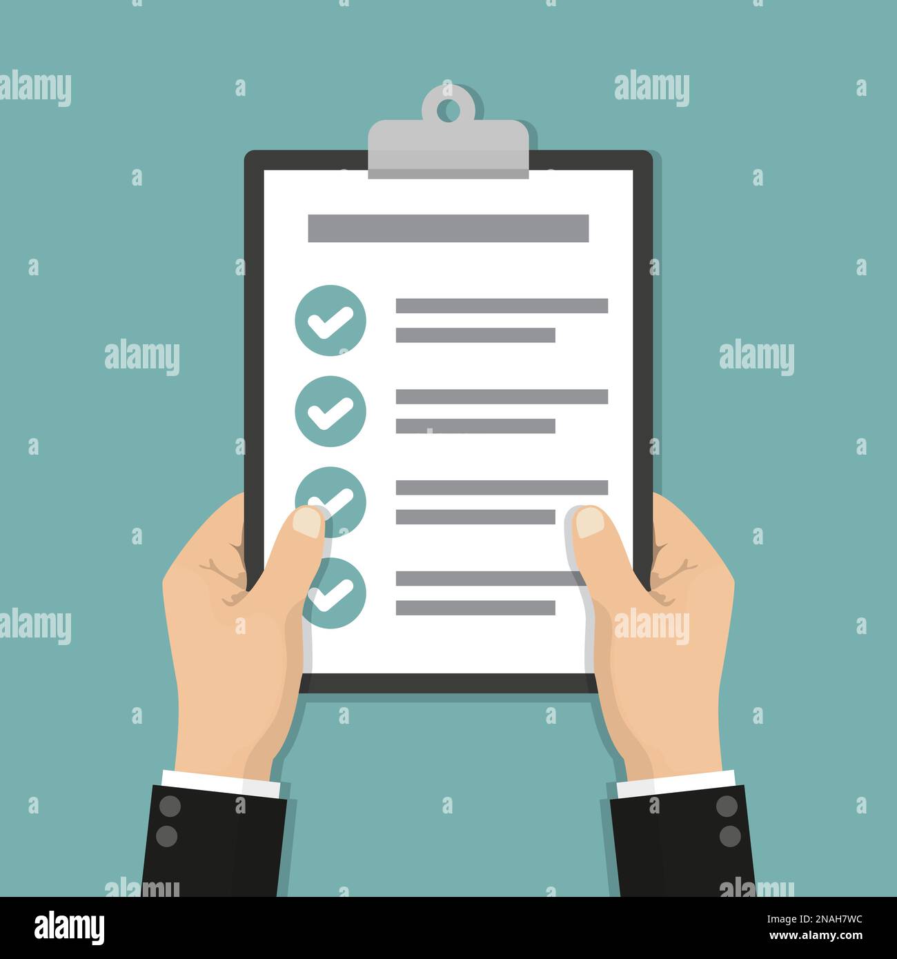 Businessman hands holding clipboard checklist in a flat design Stock ...