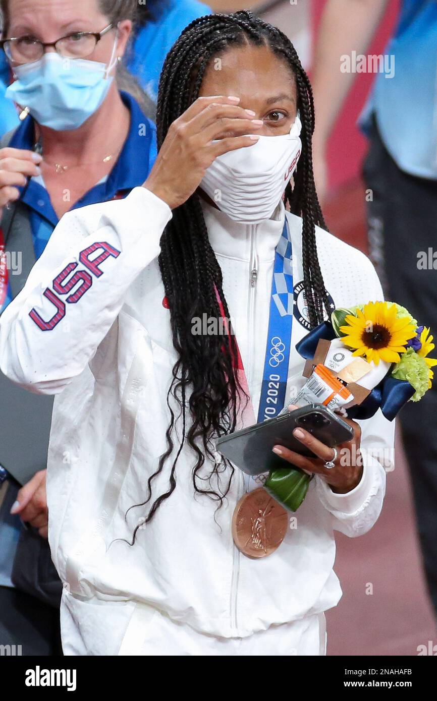 AUG 06, 2021 Tokyo, Japan Allyson Felix of United States wins an
