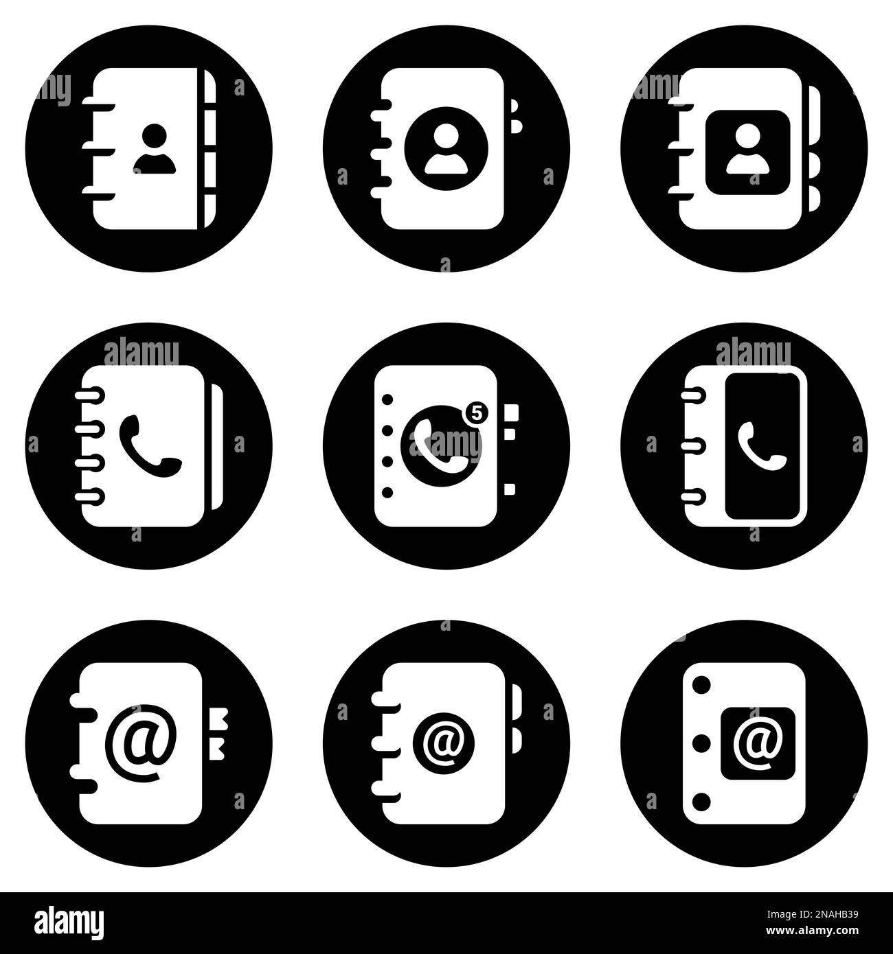 Set of white icons isolated against a black background, on a theme Address Book Stock Vector