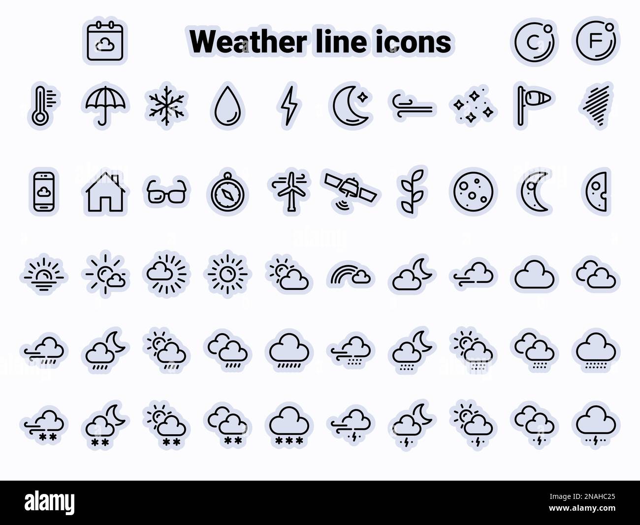 Simple vector icons. Flat illustration on a theme weather symbols and signs Stock Vector