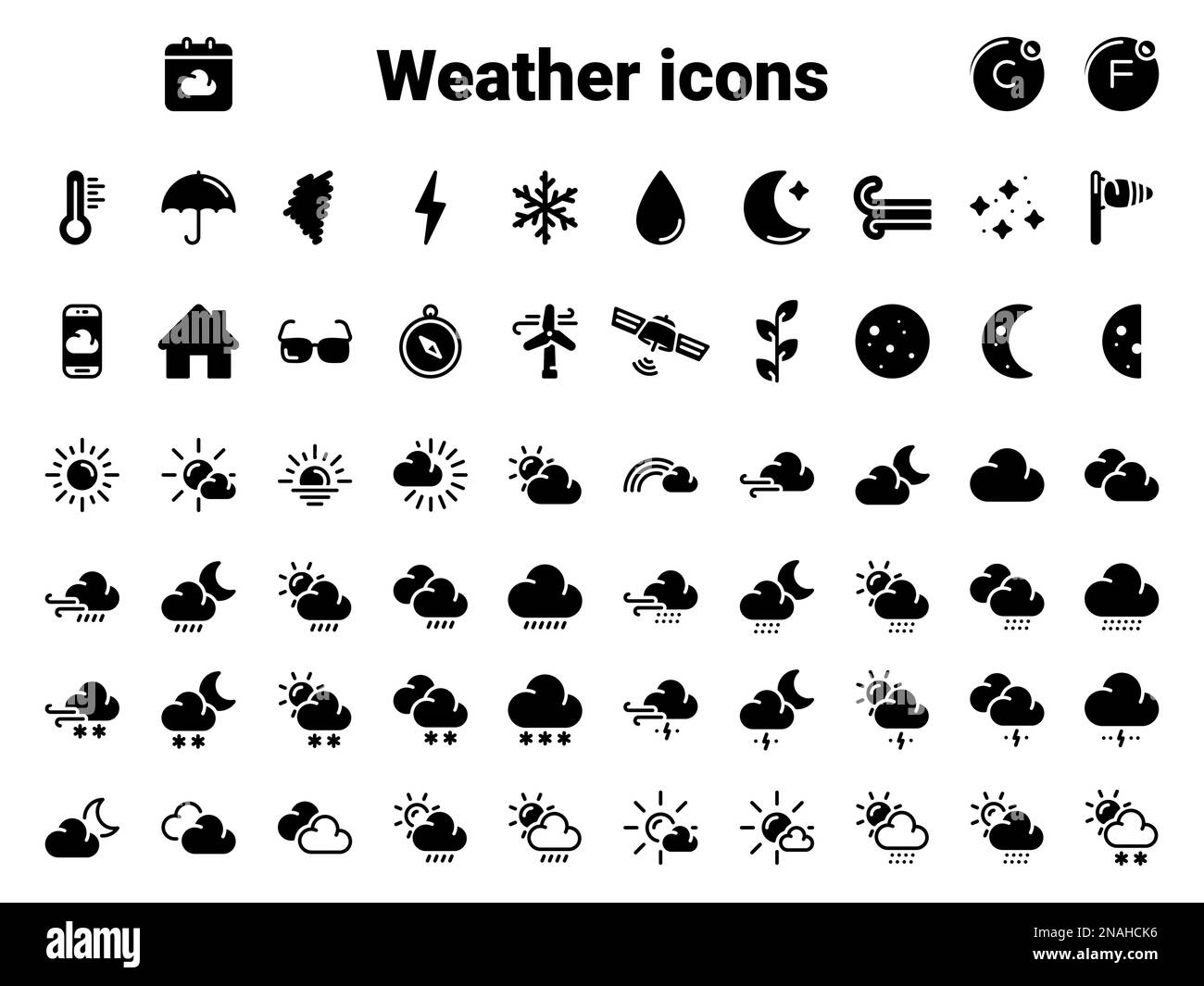 Simple vector icons. Flat illustration on a theme weather symbols and signs Stock Vector