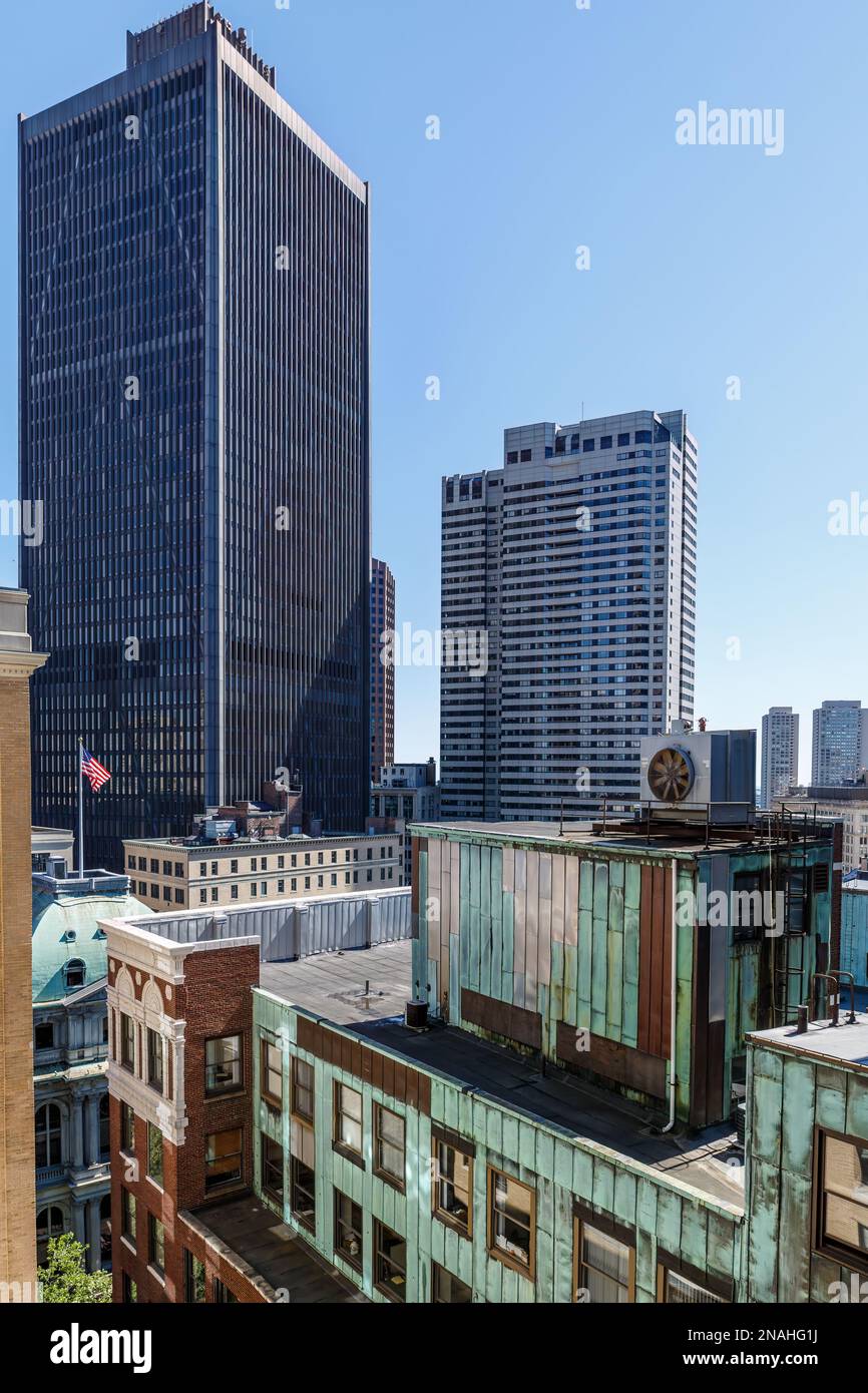 Industrial building, skyline, tarnished green, copper metal exterior