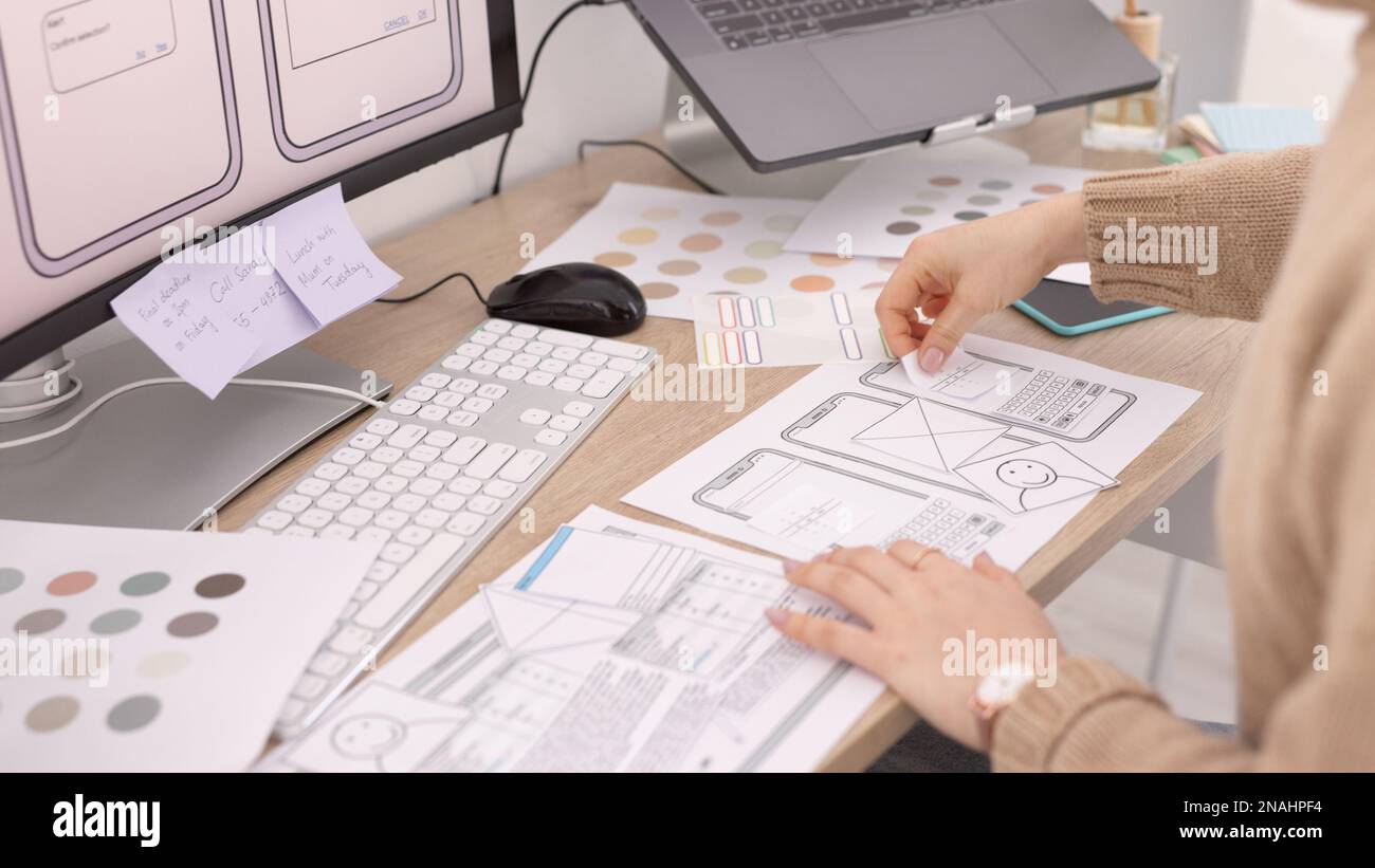 UX design, mobile app and woman hands planning user screen for software