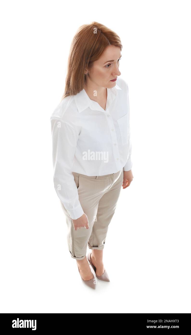 Young woman on white background, above view Stock Photo - Alamy