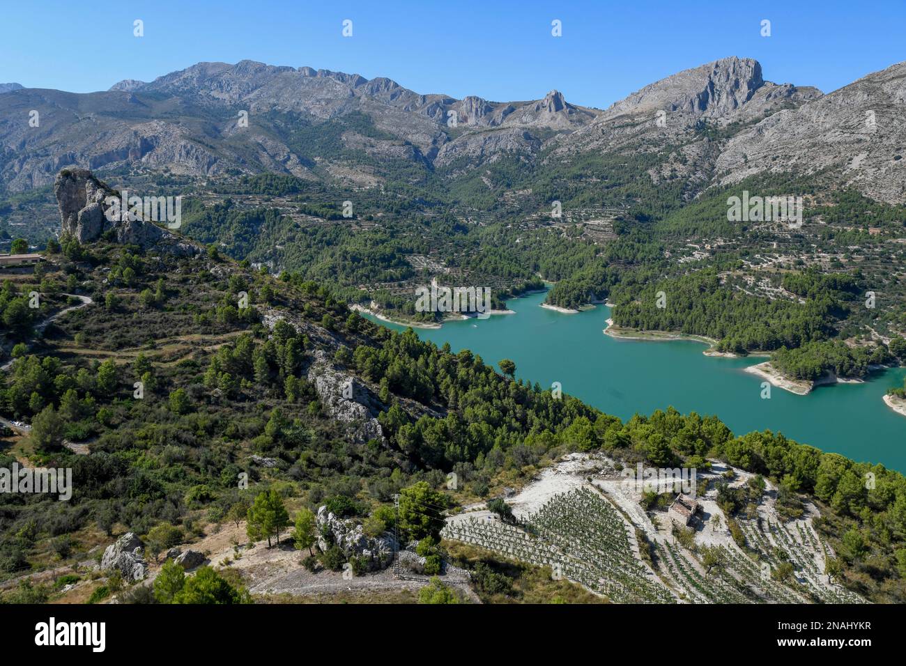 View from Castell de Guadalest to the reservoir, Guadalest, Alicante province, Costa Blanca, Spain Stock Photo