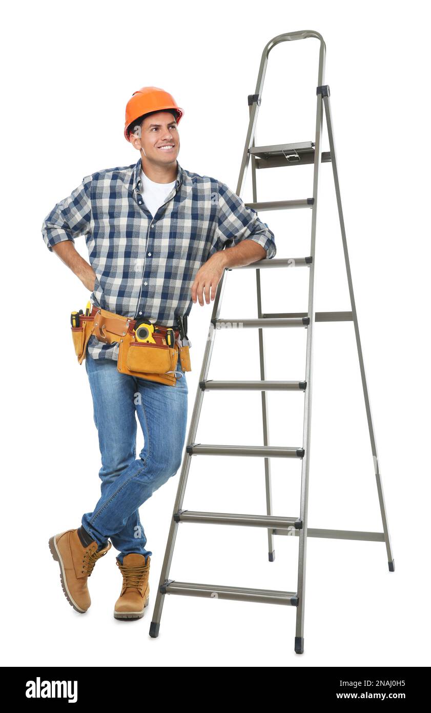 Professional builder near metal ladder on white background Stock Photo ...