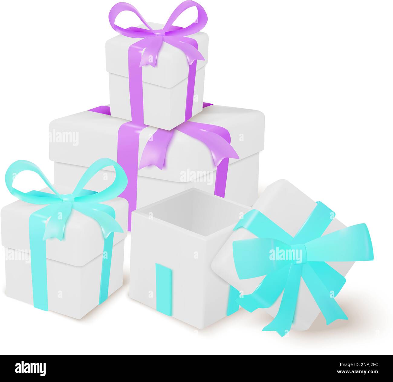 White boxes with bright bows  and ribbons arrangement vector Stock Vector