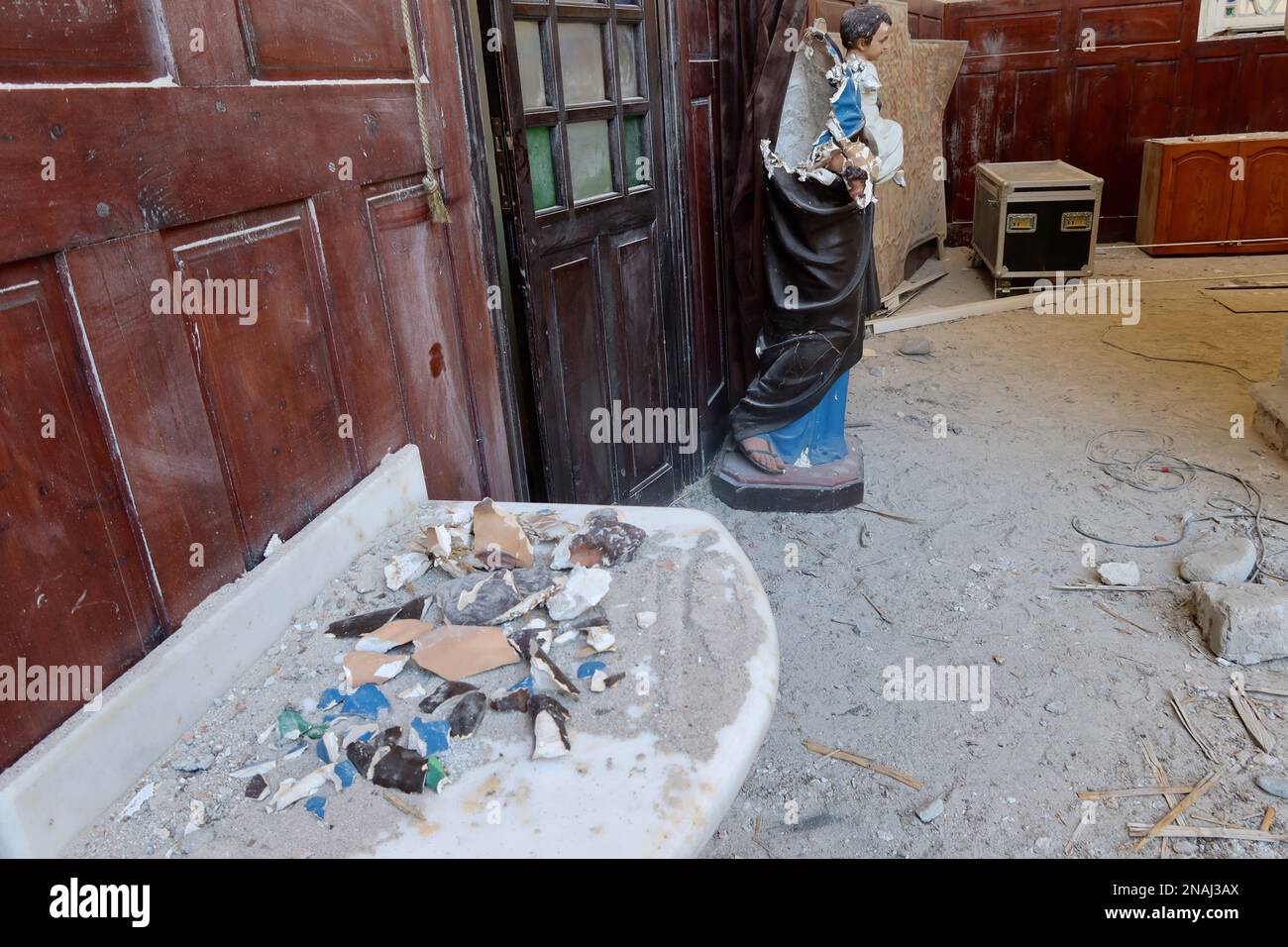 A broken statue in a destroyed catholic church, Iskenderun, Turkey