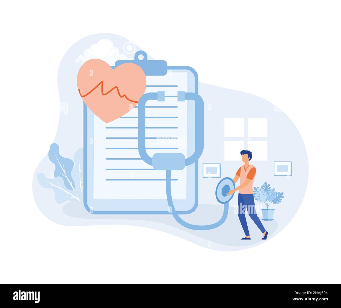 Heart disease screening and diagnostic illustration. Doctor checks blood pressure and examine cardiogram and pulse on EKG monitor. Healthcare and medi Stock Vector