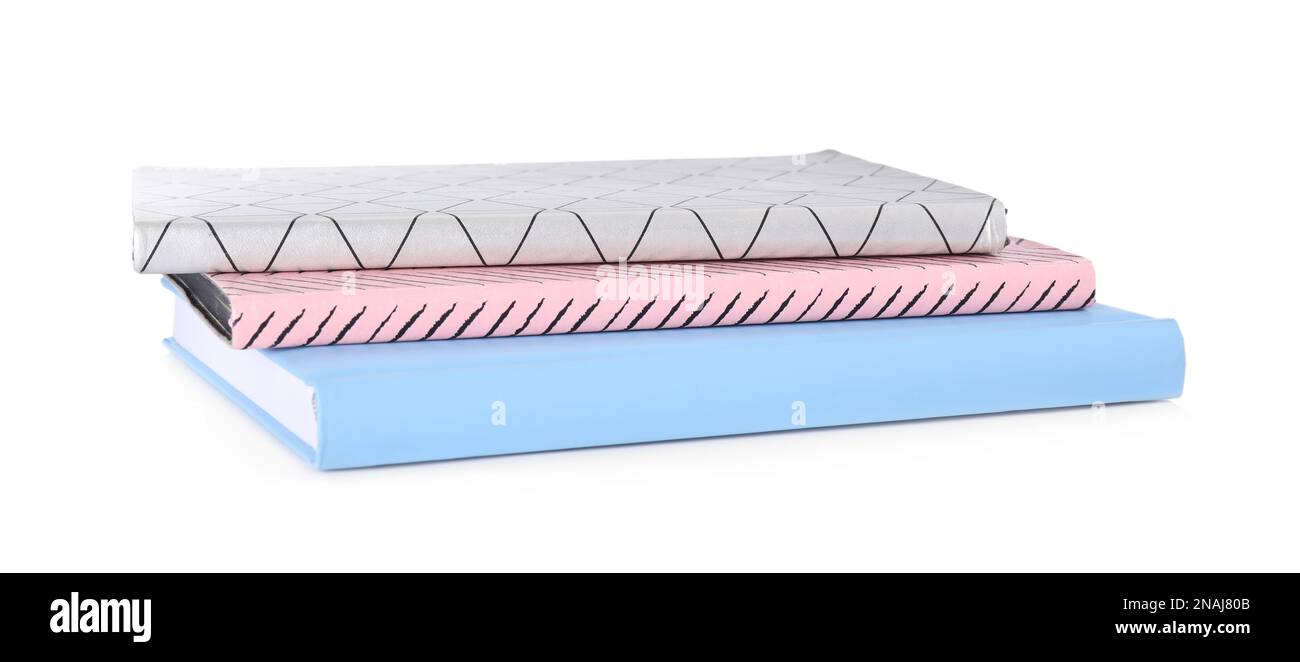 Stack of stylish notebooks on white background Stock Photo - Alamy