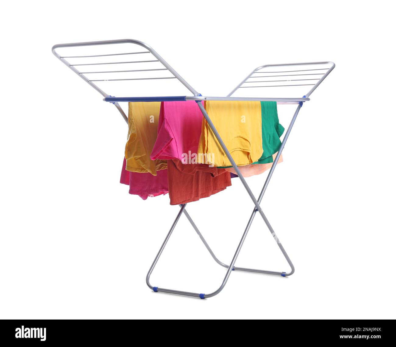 Clean laundry hanging on drying rack against white background Stock ...