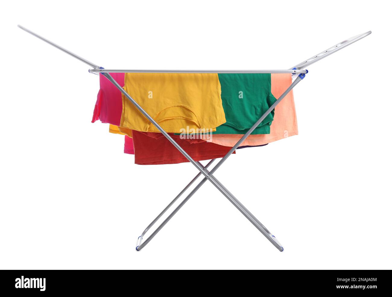 Clean laundry hanging on drying rack against white background Stock