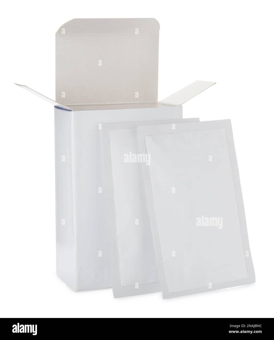 Medicine sachets and box on white background Stock Photo Alamy