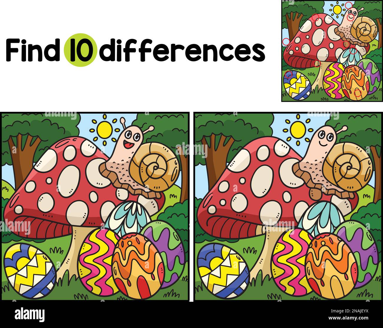Snail on Mushroom Easter Eggs Find The Differences Stock Vector