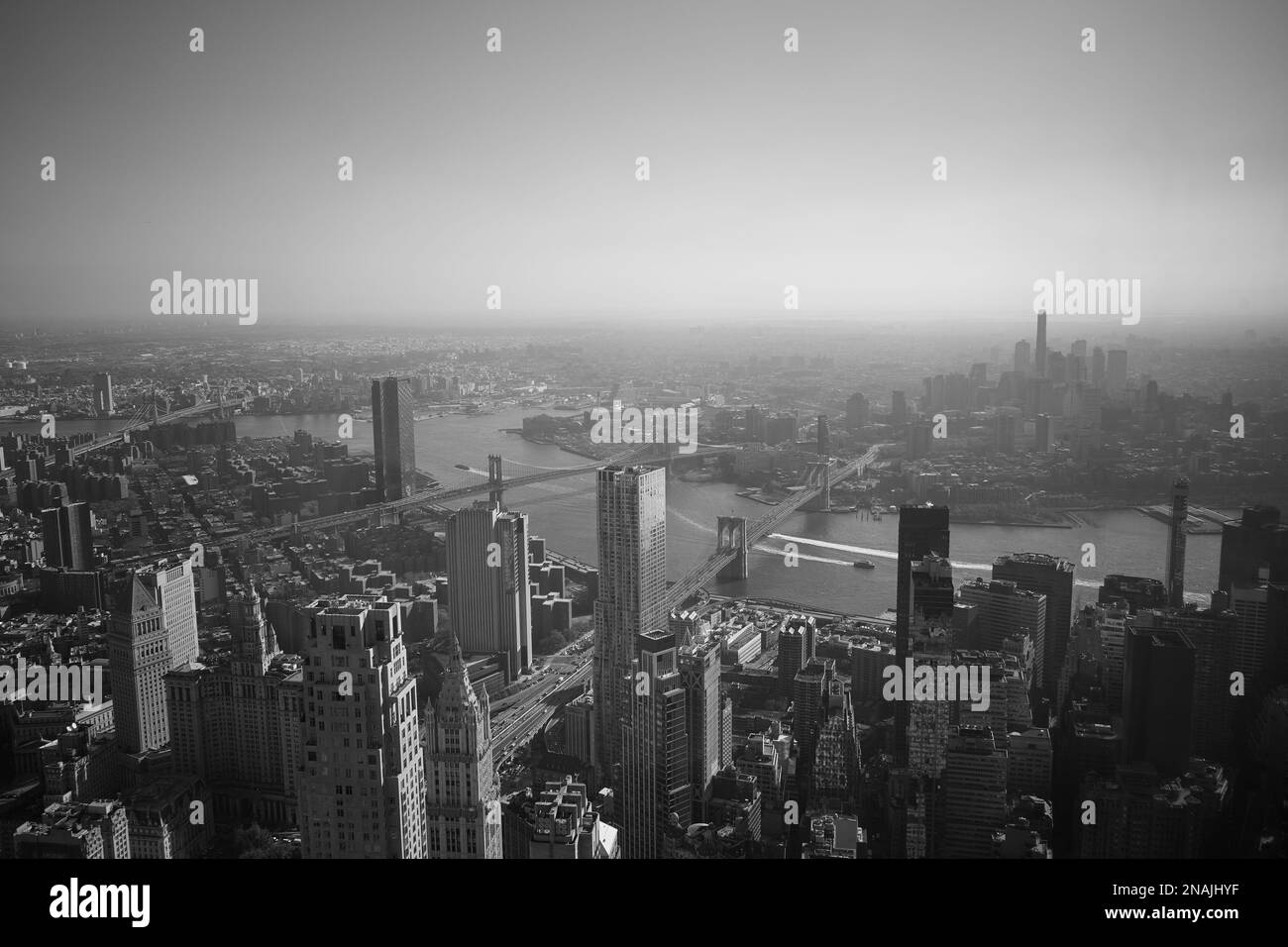 Aerial View of New York City and The Hudson River in Black and White Stock Photo