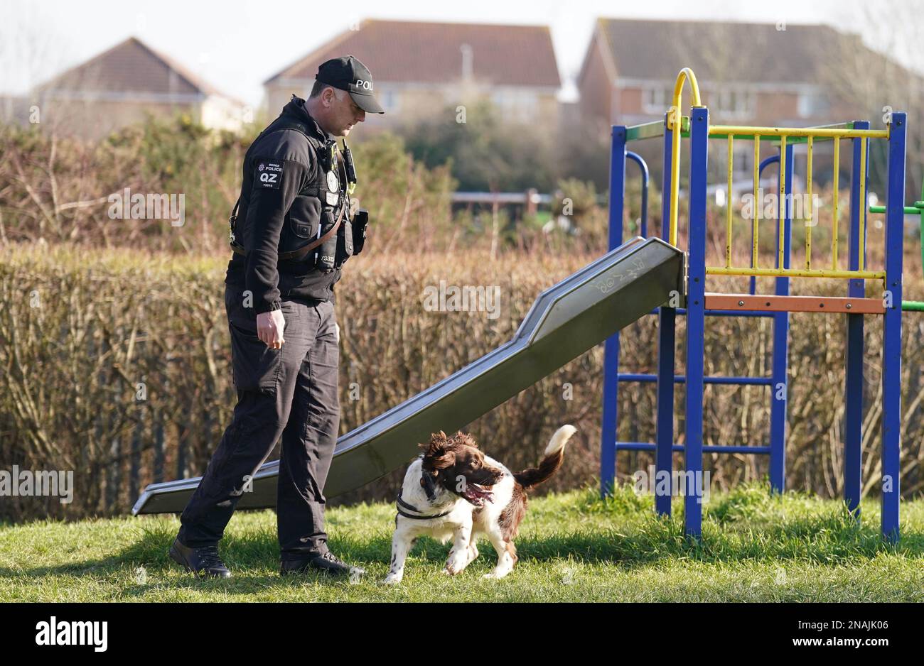 A police tracker dog near the scene in Waterson Vale, Chelmsford after the death of a 16-year-old boy in Essex. Police were called at around 11.30pm on Sunday following reports of a boy suffering serious injuries. He was taken to hospital where he died. An 18-year-old man has been arrested on suspicion of murder. Picture date: Monday February 13, 2023. Stock Photo