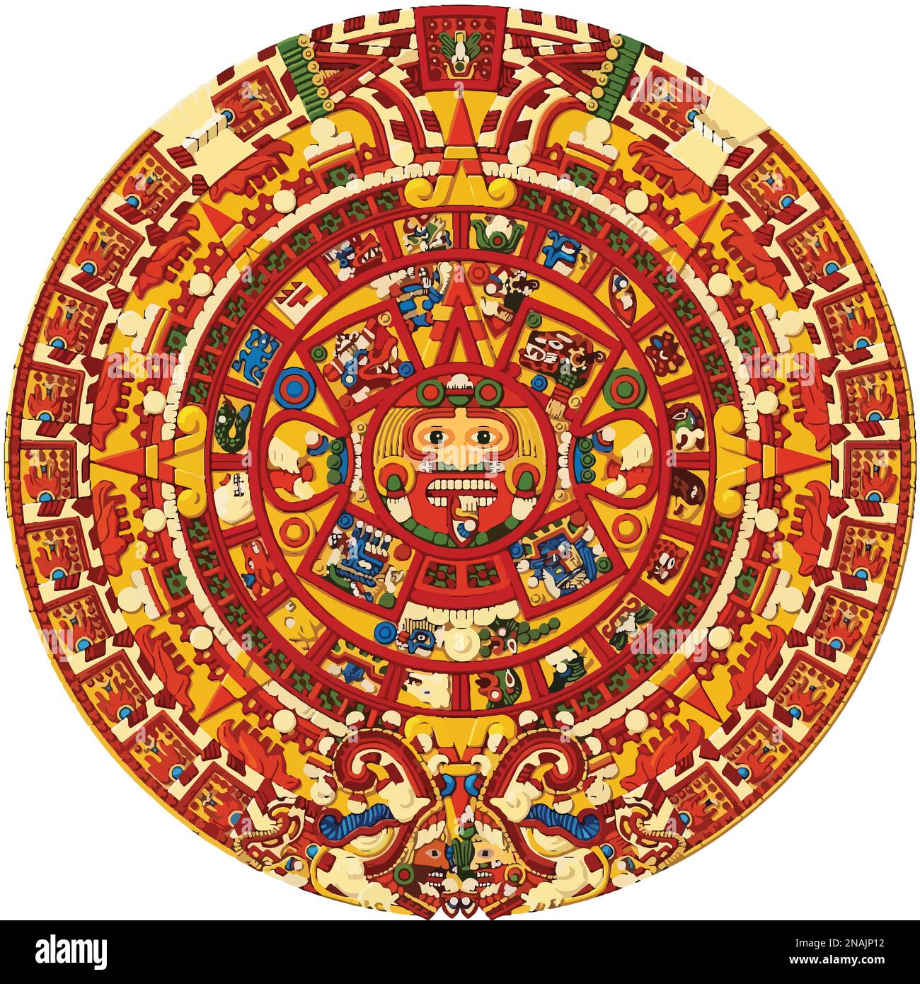 Aztec sun stone calendar illustration. Post classic Mexica sculpture