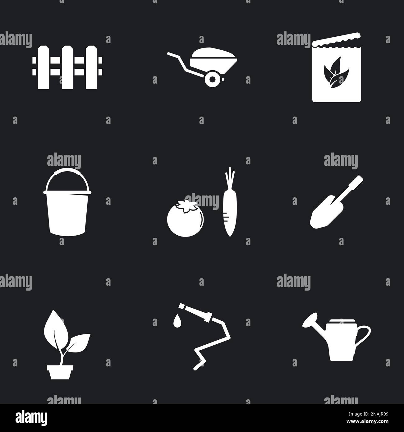 Icons for theme Gardening. Black background Stock Vector