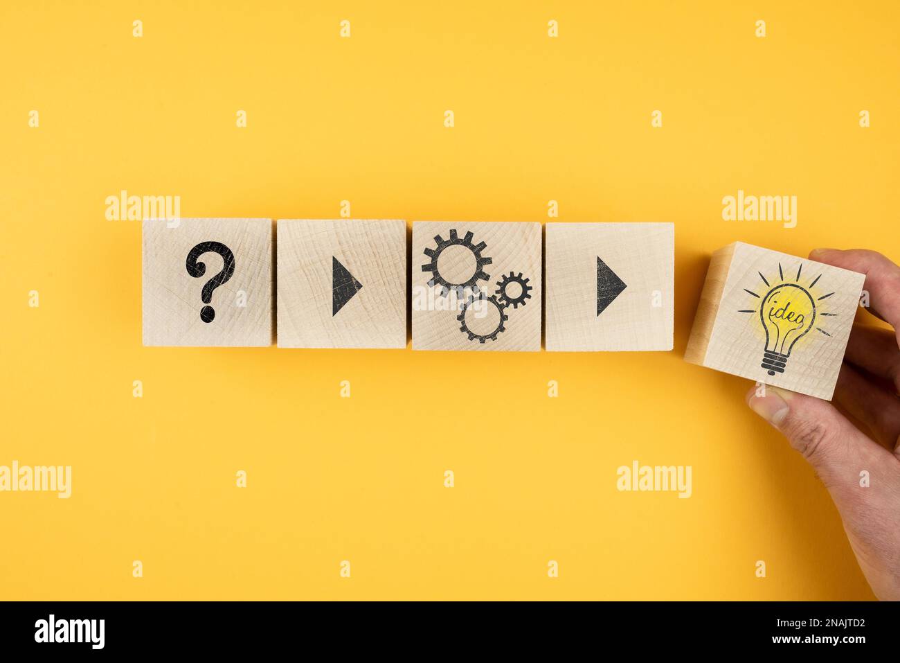 solving problems and having an idea concept on wood blocks Stock Photo