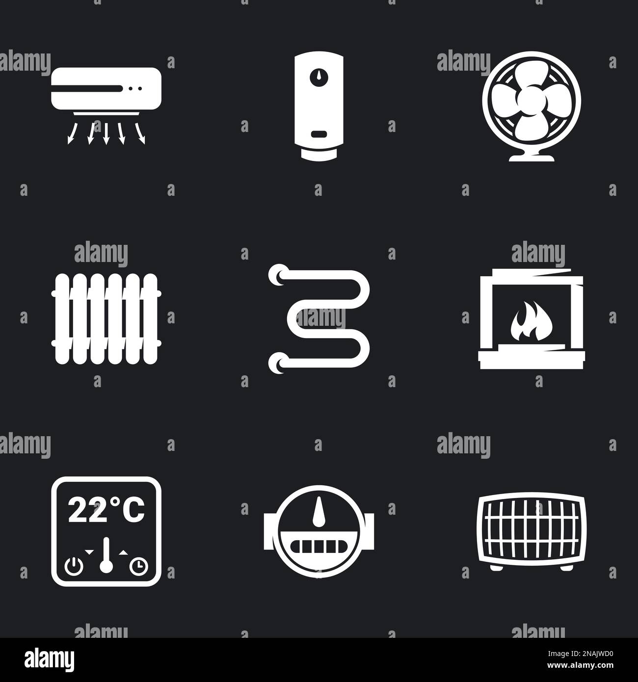 Icons for theme Household appliances, cooling, heating. Black background Stock Vector
