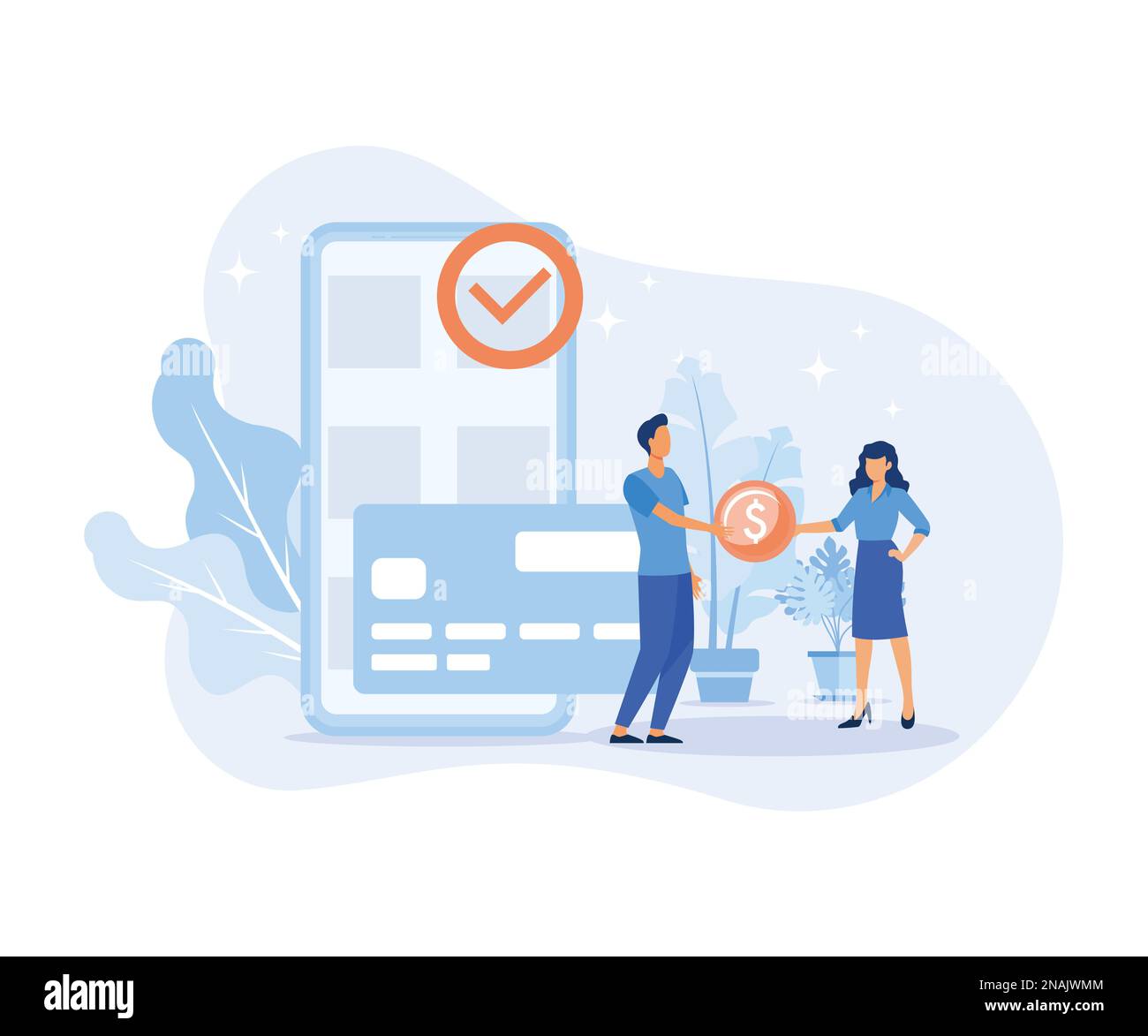 Financial illustration. Characters paying online and receiving bonus