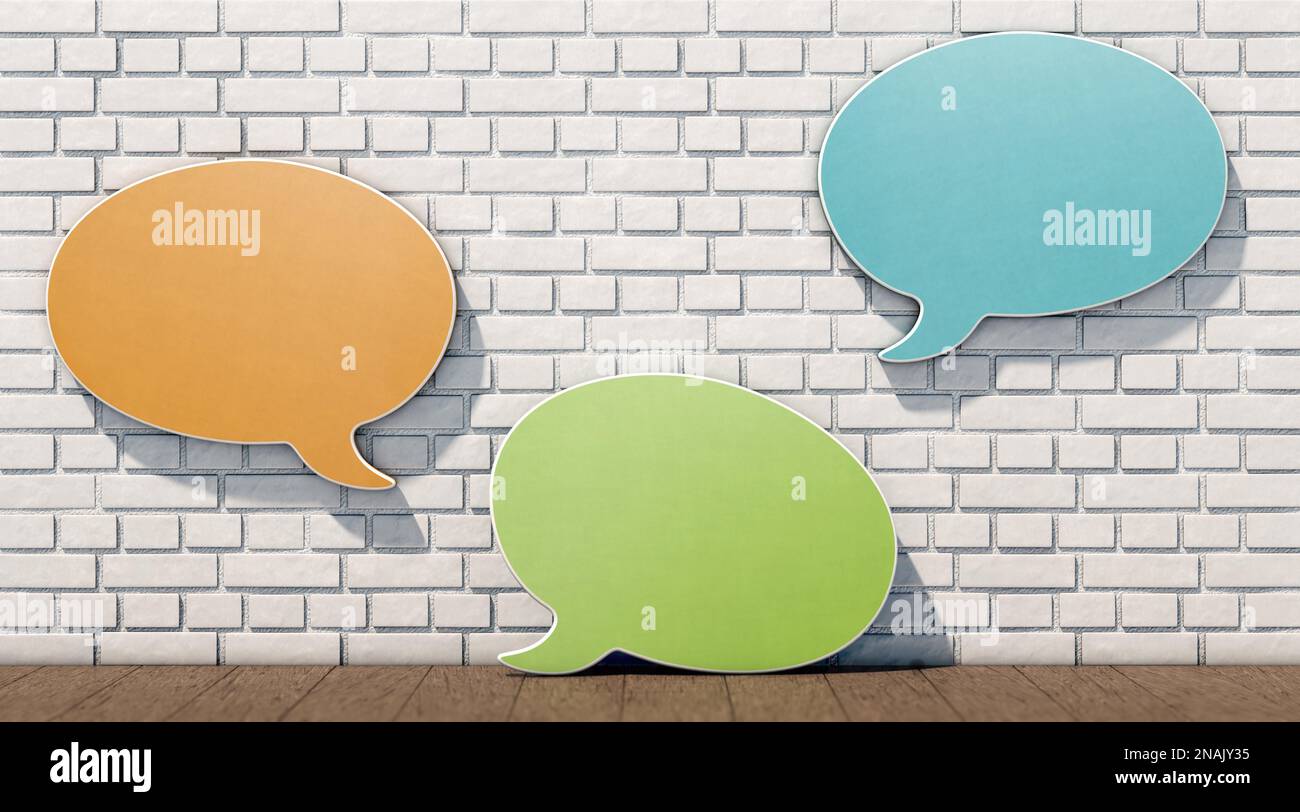 Speech bubbles & withe brick wall. A 3D illustration on the topic ...