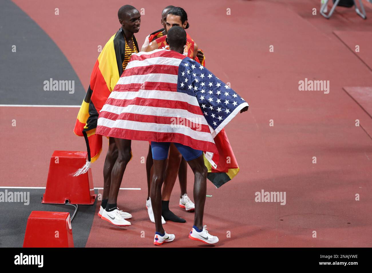 AUG 06, 2021 - Tokyo, Japan: Joshua Cheptegei of Uganda, Mohammed Ahmed of Canada and Paul Chelimo of United States  are the medalists in the Athletic Stock Photo