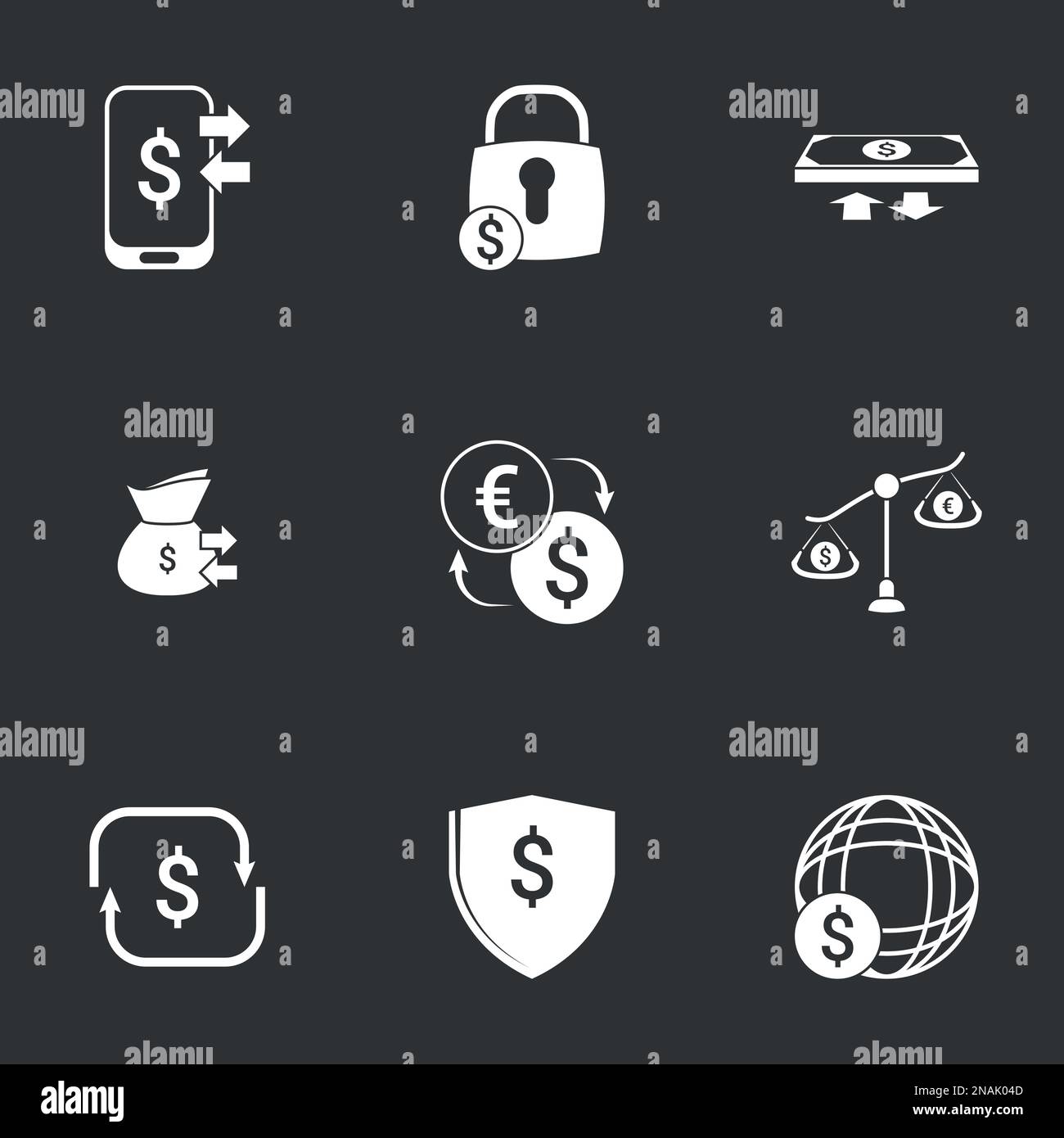 Simple icon set related to Money. Black background Stock Vector