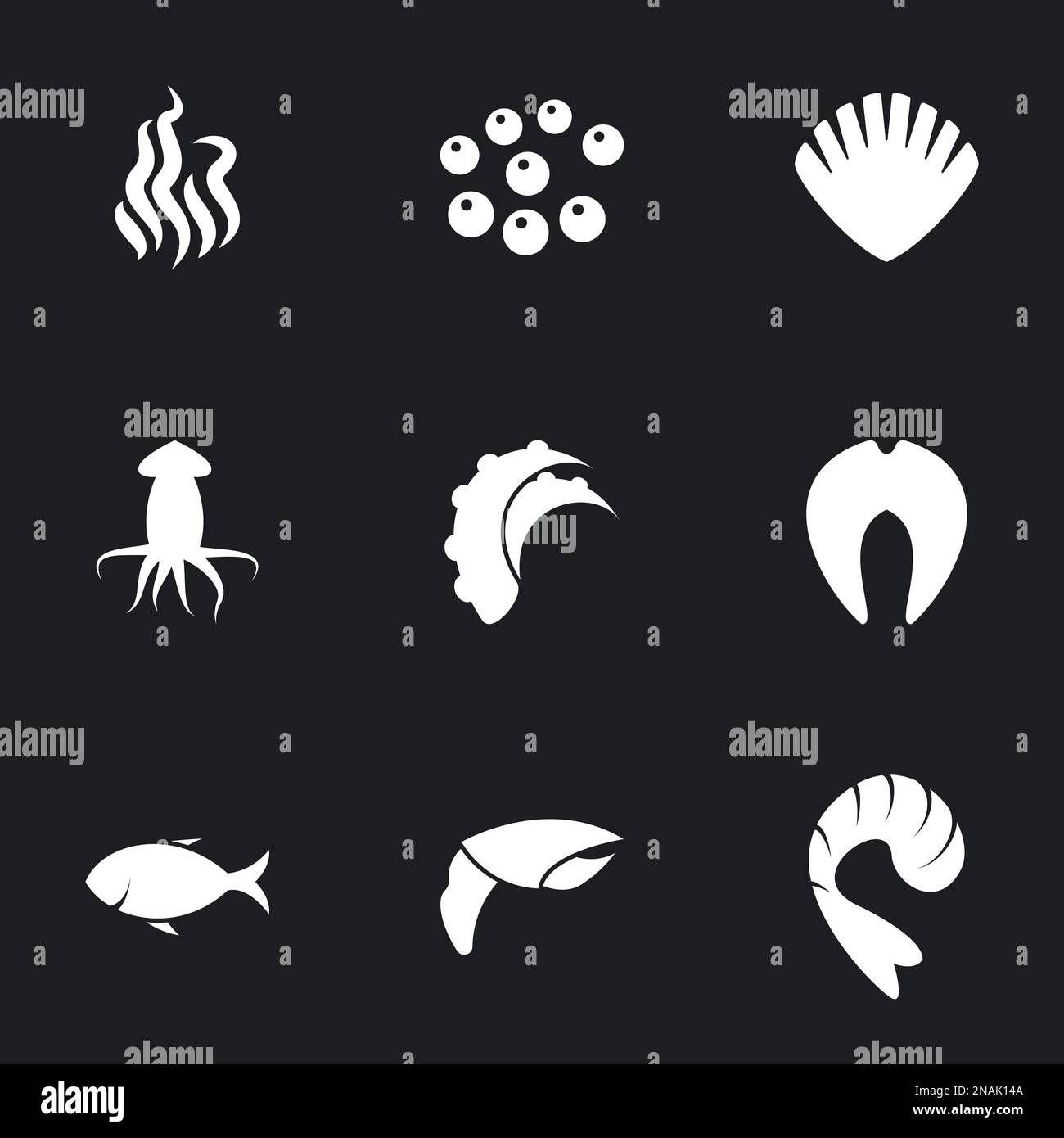 Icons for theme Seafood. Black background Stock Vector