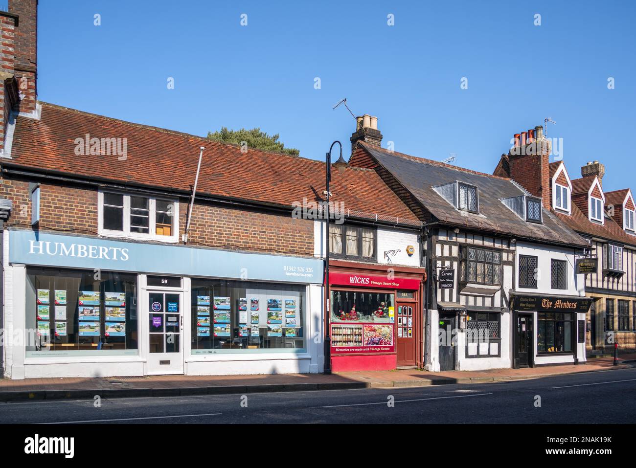 EAST GRINSTEAD, WEST SUSSEX, UK MARCH 1 View of shops in the High