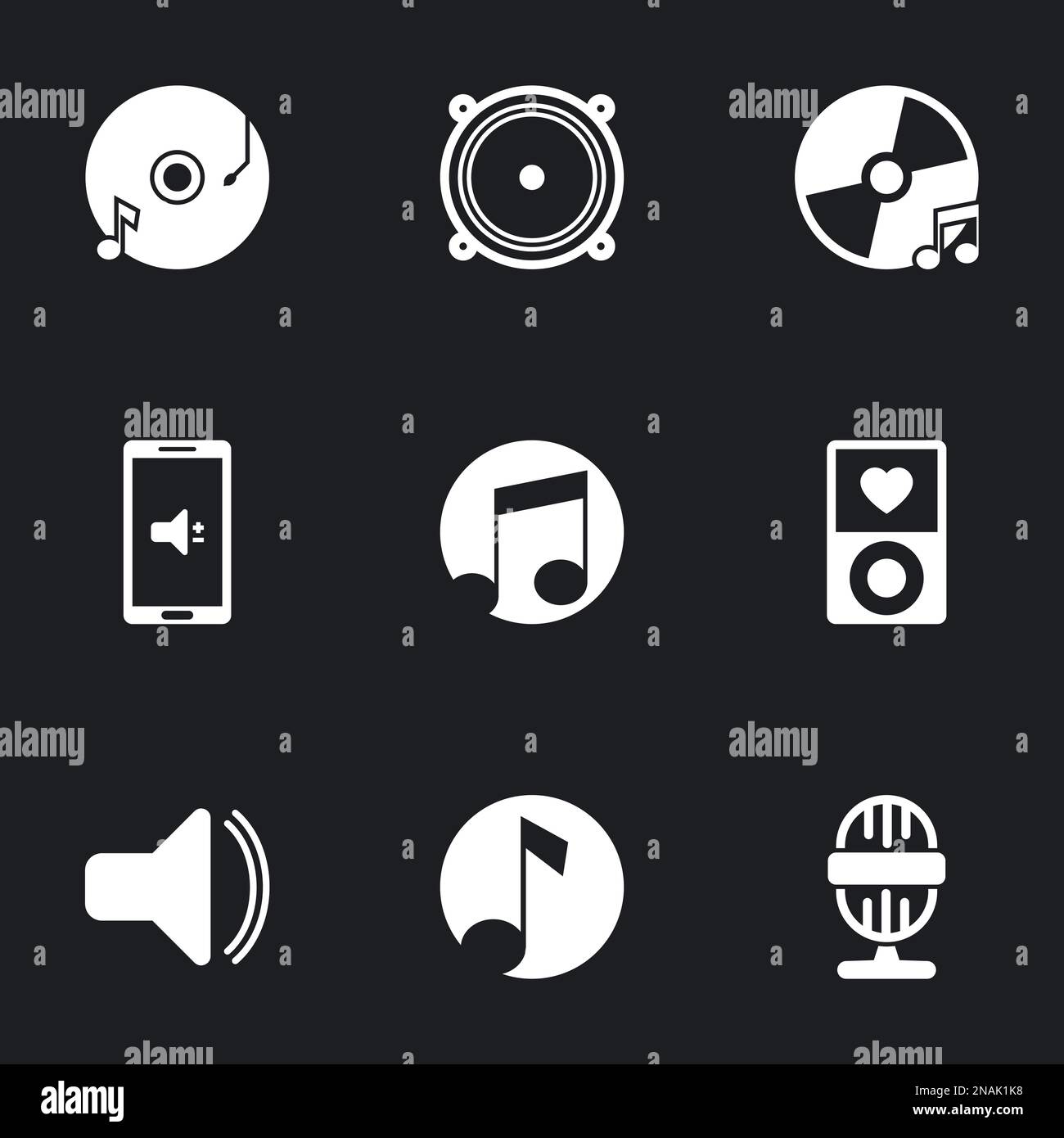 Icons for theme music. Black background Stock Vector