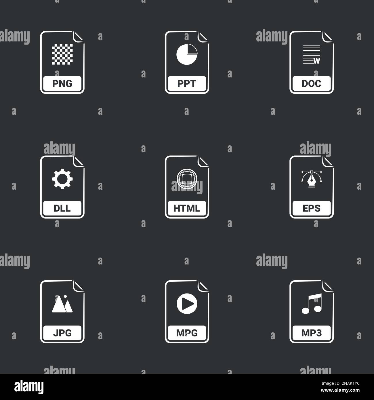 File Types icons. Black background Stock Vector