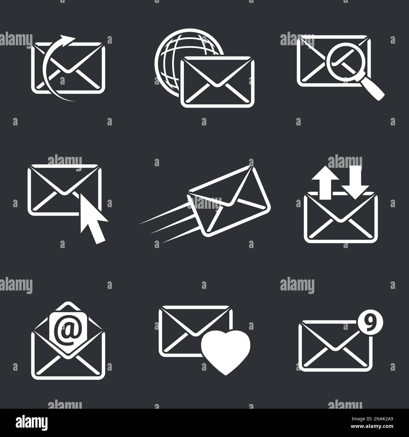 Icons for theme Communication and email. Black background Stock Vector