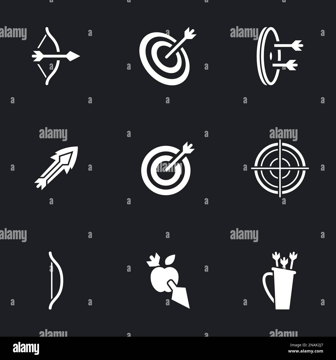 Icons for theme archery , vector, icon, set. Black background Stock Vector