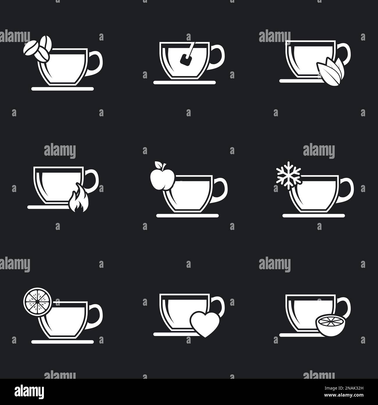 Icons for theme Tea. Black background Stock Vector
